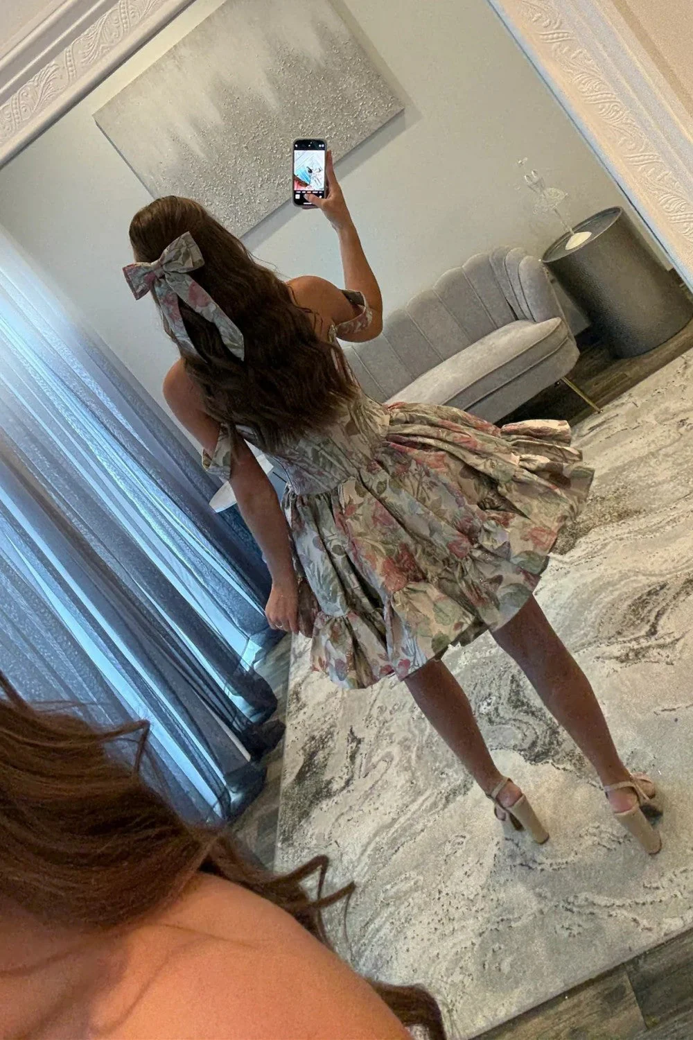 Lovely A-Line Off the Shoulder Pink Floral Printed Short Homecoming Dresses