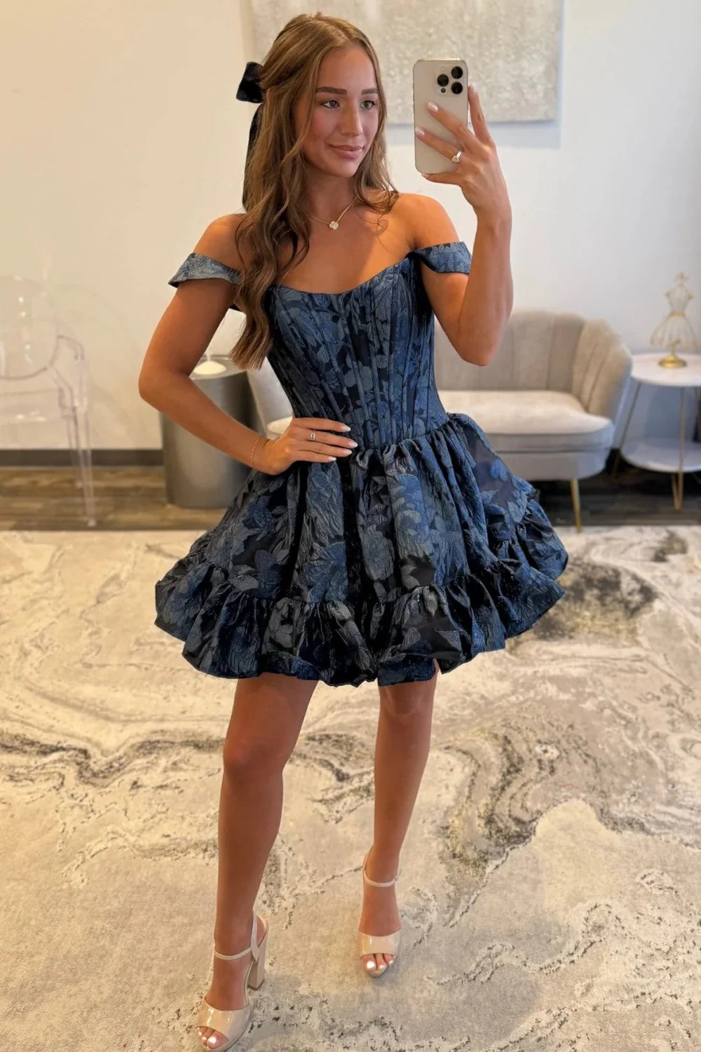 Lovely A-Line Off the Shoulder Pink Floral Printed Short Homecoming Dresses