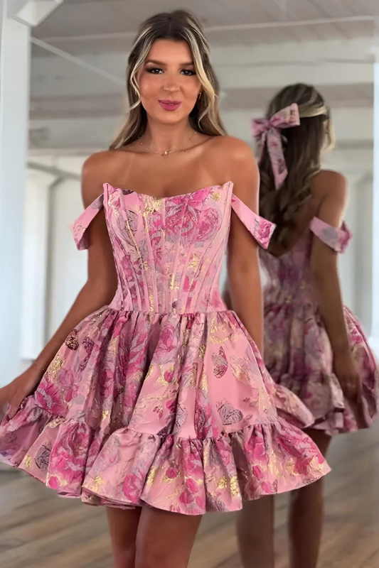 Lovely A-Line Off the Shoulder Pink Floral Printed Short Homecoming Dresses
