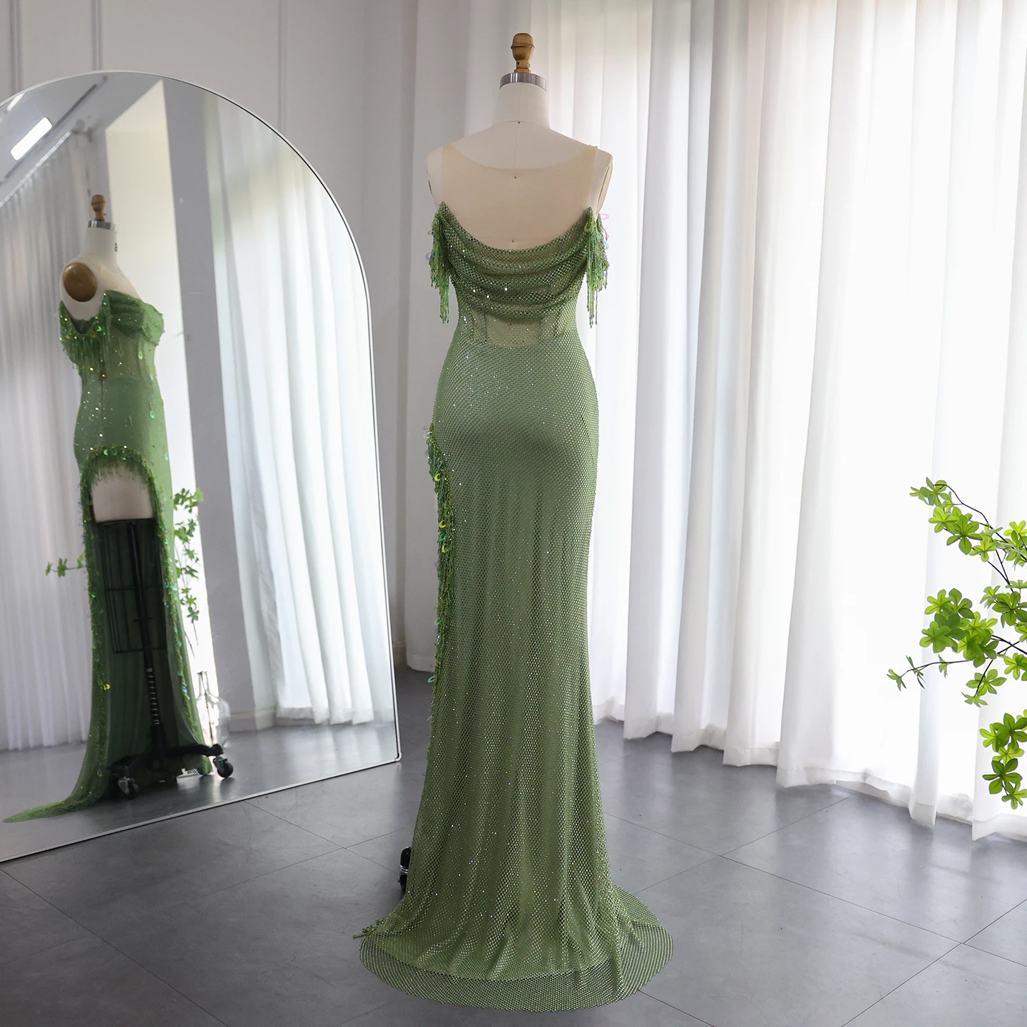 Luxury Crystal Dubai Sage Green Evening Dresses Orange High Slit Prom Dress for Women Wedding Party Customized