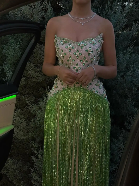 Luxury Green Tassel Prom Dress Strapless Rhinestone Beaded Flower Sheath Empire Evening Dress Sexy Formal Party Gowns Customized