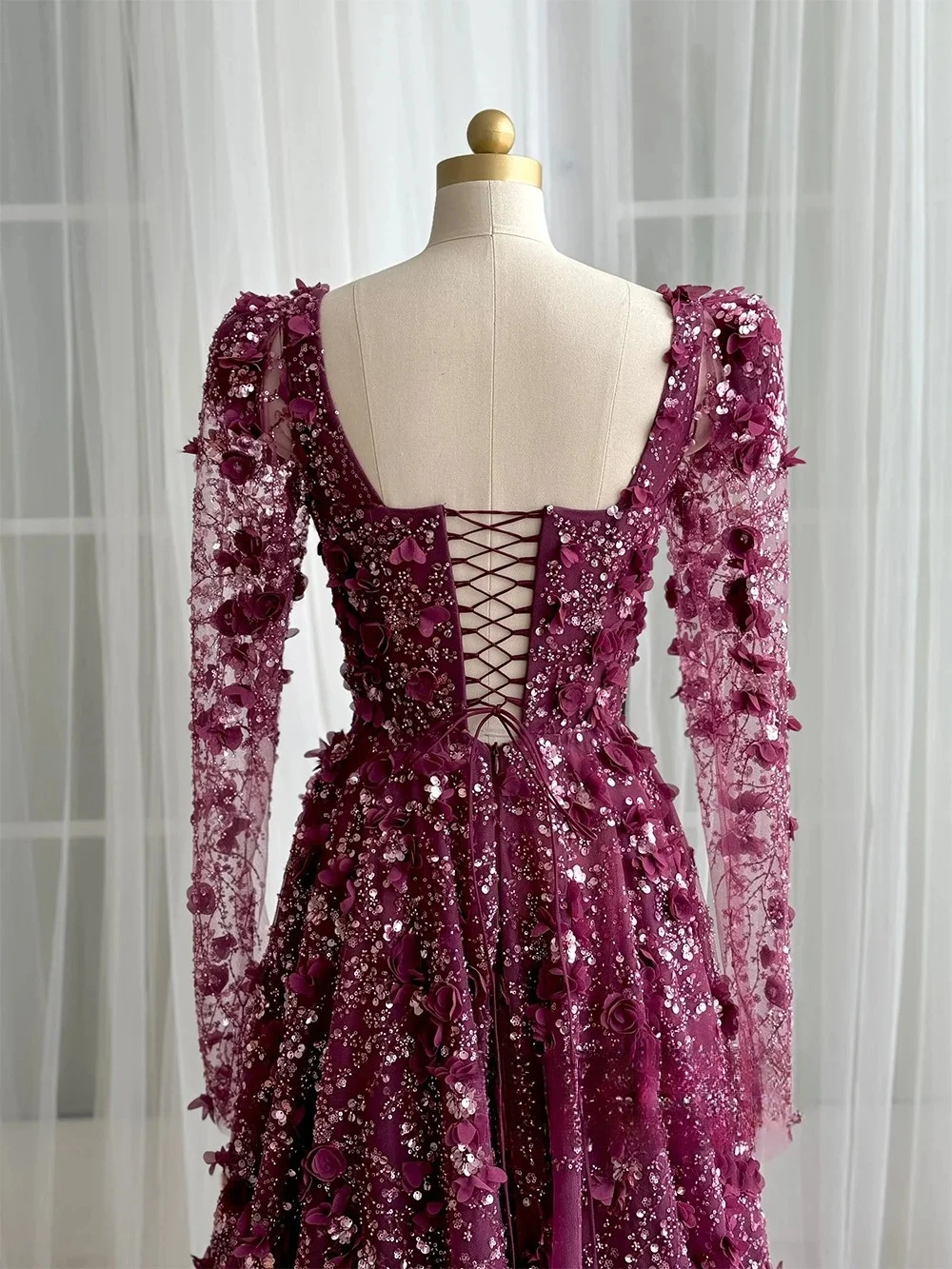 Luxury Lace Evening Dress Customized Long Sleeves Square Neck Beading Flower A Line Dubai Prom Gown for Wedding Party