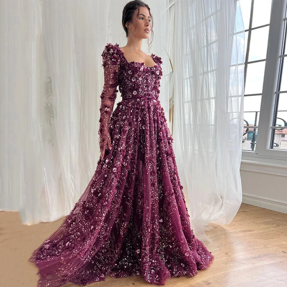 Luxury Lace Evening Dress Customized Long Sleeves Square Neck Beading Flower A Line Dubai Prom Gown for Wedding Party