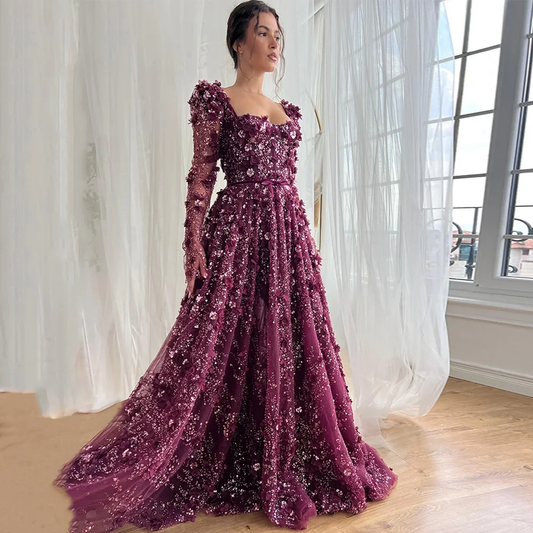Luxury Lace Evening Dress Customized Long Sleeves Square Neck Beading Flower A Line Dubai Prom Gown for Wedding Party