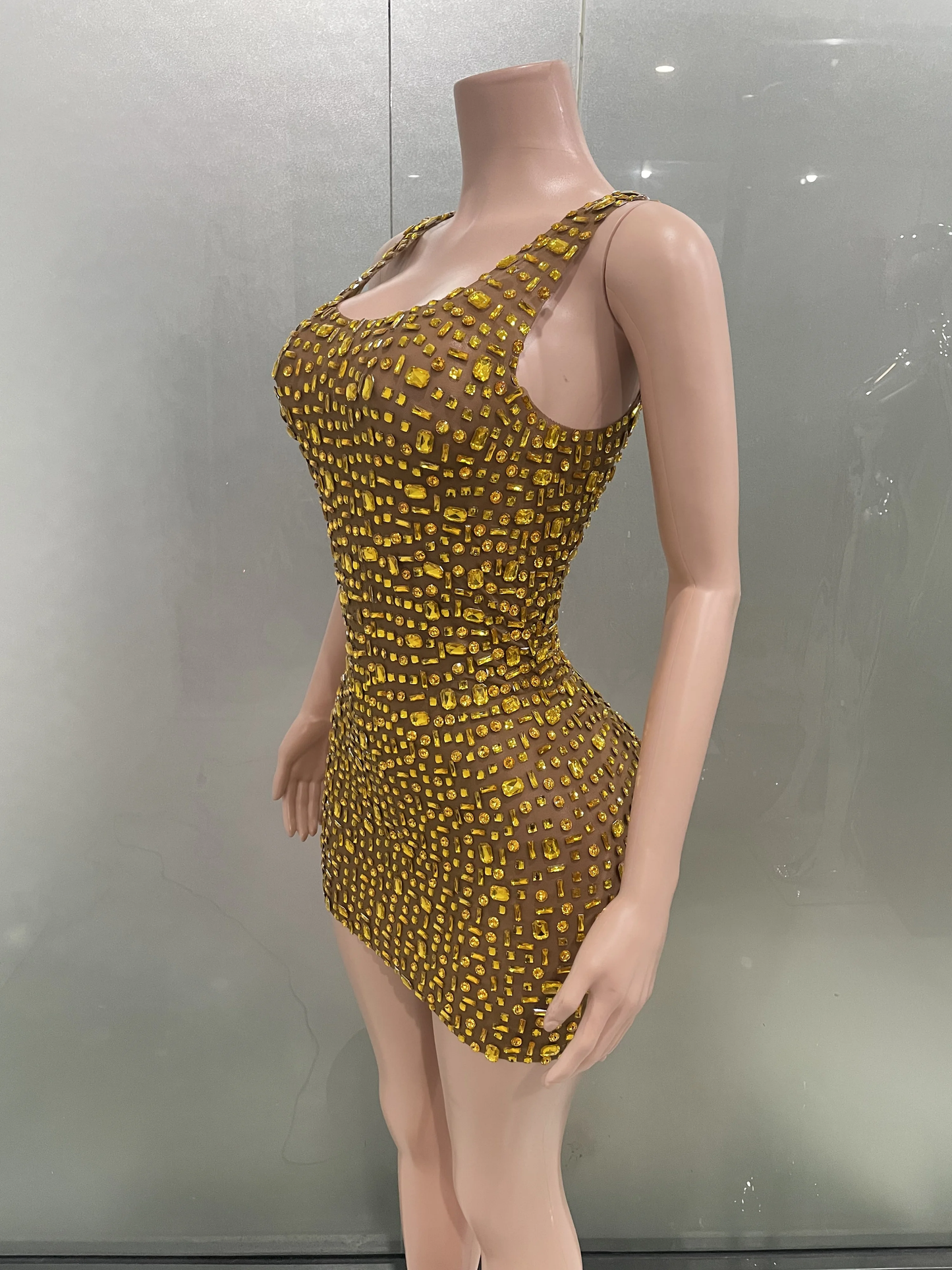 Luxury Sparkly Gold Rhinestones Sexy Mini Dress Women Evening Party Performance Costume Bar Nightclub Singer Dancer Stage Wear