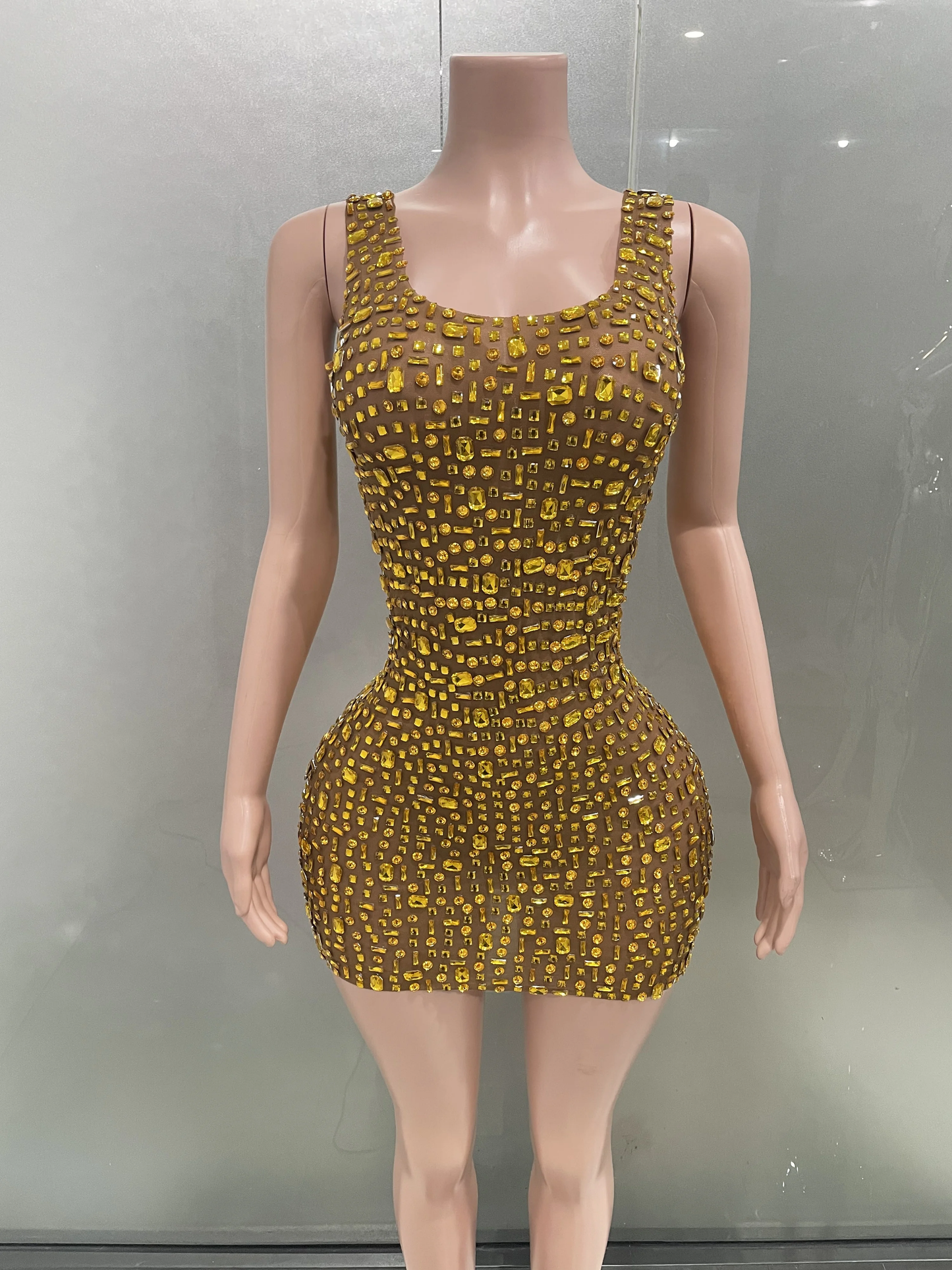 Luxury Sparkly Gold Rhinestones Sexy Mini Dress Women Evening Party Performance Costume Bar Nightclub Singer Dancer Stage Wear