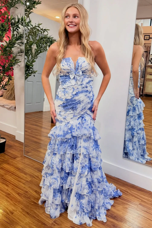 Mermaid Floral Print Long Prom Dresses Chiffon Ruffled Evening Formal Gowns for Women