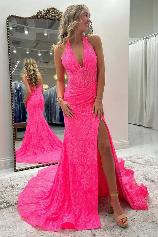Mermaid Halter Corset Slit Pink Prom Dress with Lace Appliques
