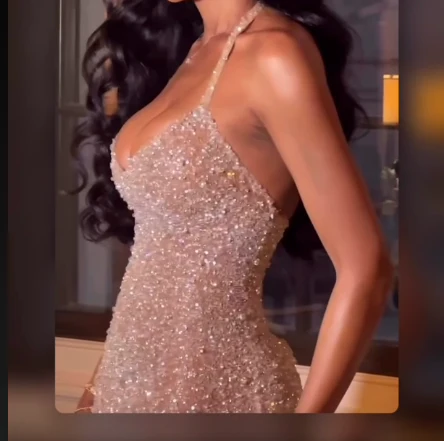 Mermaid Halter Neckline Long Sequin Champagne Party Dresses Prom Dress