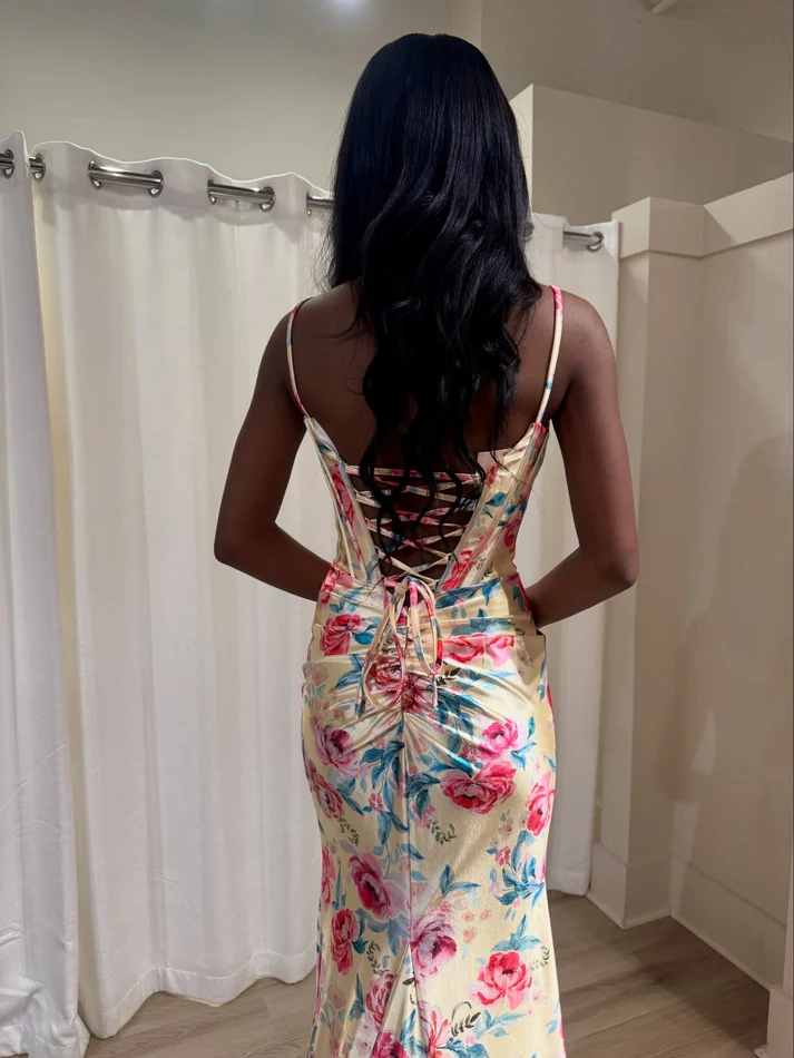 Mermaid Satin Corset Long Prom Dresses Floral Print Evening Party Gowns with Slit