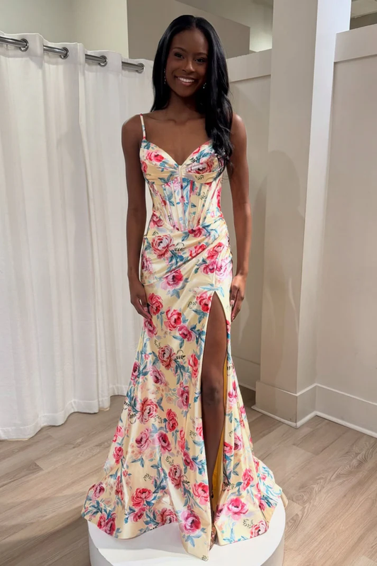 Mermaid Satin Corset Long Prom Dresses Floral Print Evening Party Gowns with Slit