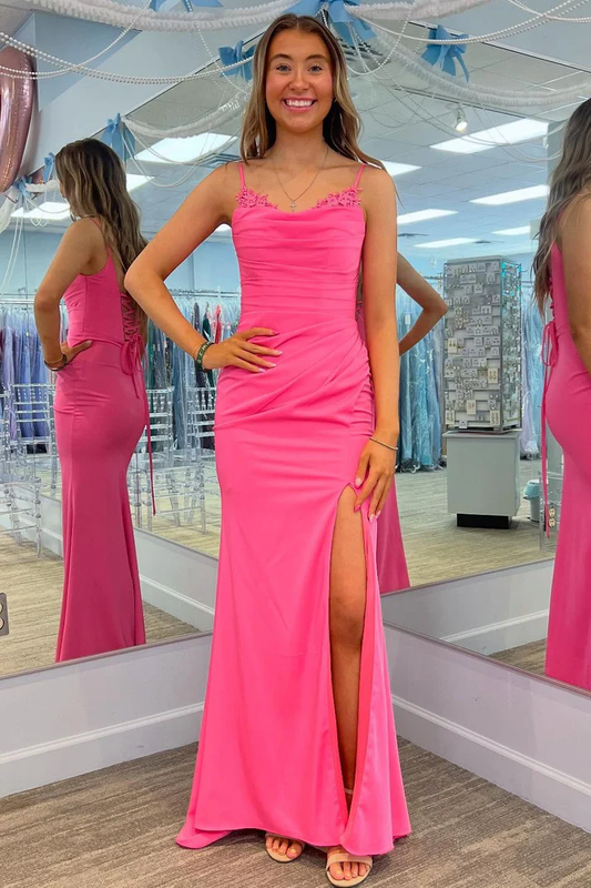 Mermaid Satin Lace Evening Dresses Long Sleeveless Prom Gowns with Slit