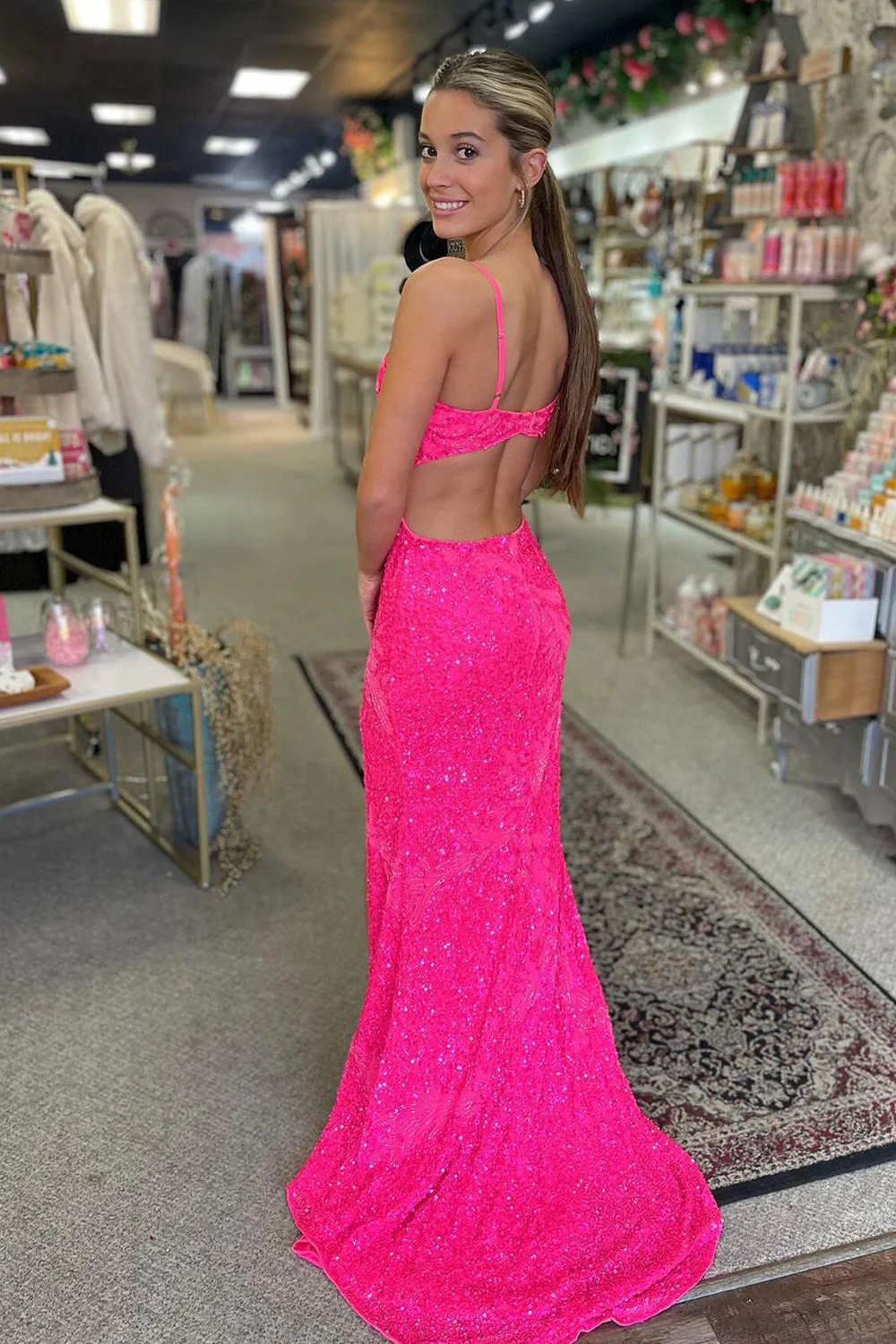 Mermaid Scoop Neck Pink Sequins Slit Prom Dresses