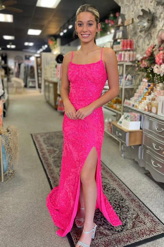 Mermaid Scoop Neck Pink Sequins Slit Prom Dresses