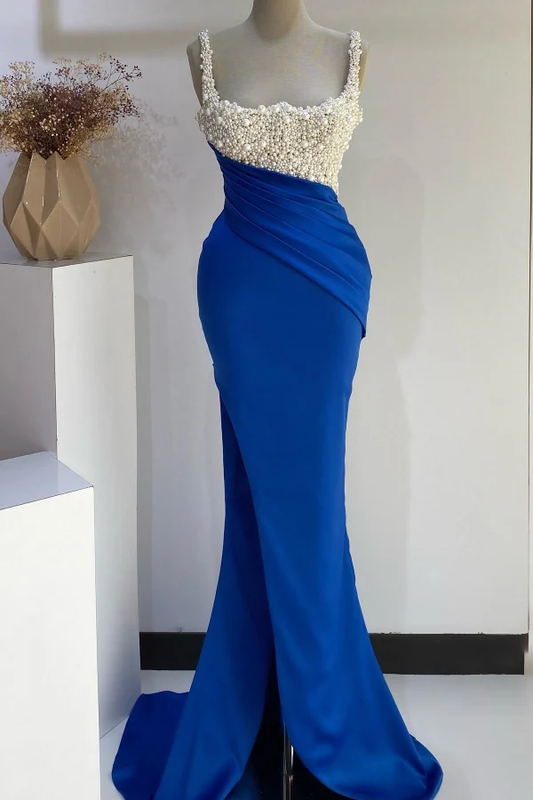 Mermaid Square Neck Straps Sleeveless Handmade Pearls Beaded Pleated Royal Boue High Side Slit and Train Prom Party Dress Evening Gown Cocktail Dress