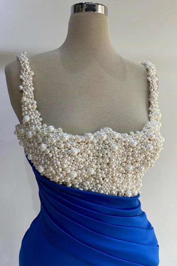 Mermaid Square Neck Straps Sleeveless Handmade Pearls Beaded Pleated Royal Boue High Side Slit and Train Prom Party Dress Evening Gown Cocktail Dress