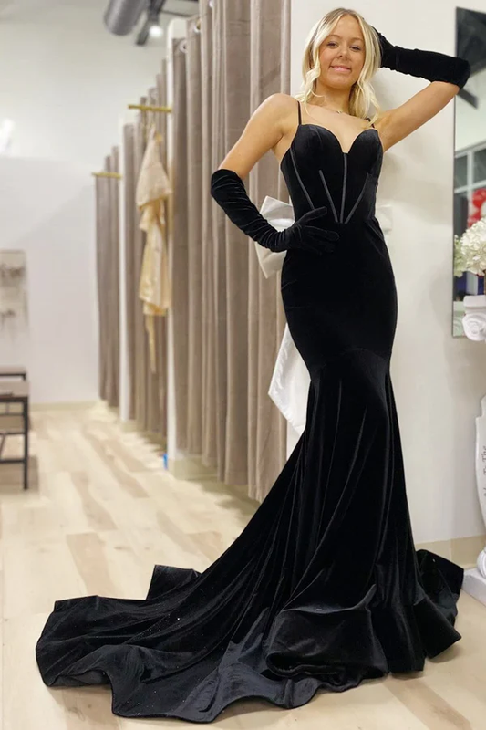 Mermaid Strapless Straps Sleeveless Bow Knot Velvet Prom Dress with Train