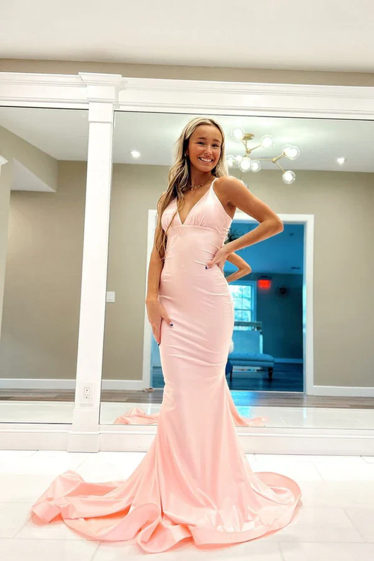 Mermaid V Neck Straps Baby Pink Satin Open Back Prom Dress