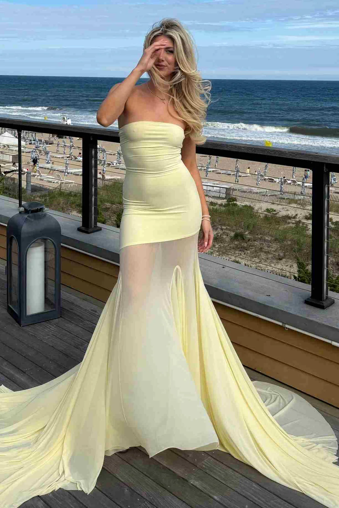 Mermaid Yellow Strapless Scoop Neck Sleeveless Long Prom Dress with Train