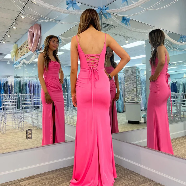 Mermaid Satin Lace Evening Dresses Long Sleeveless Prom Gowns with Slit