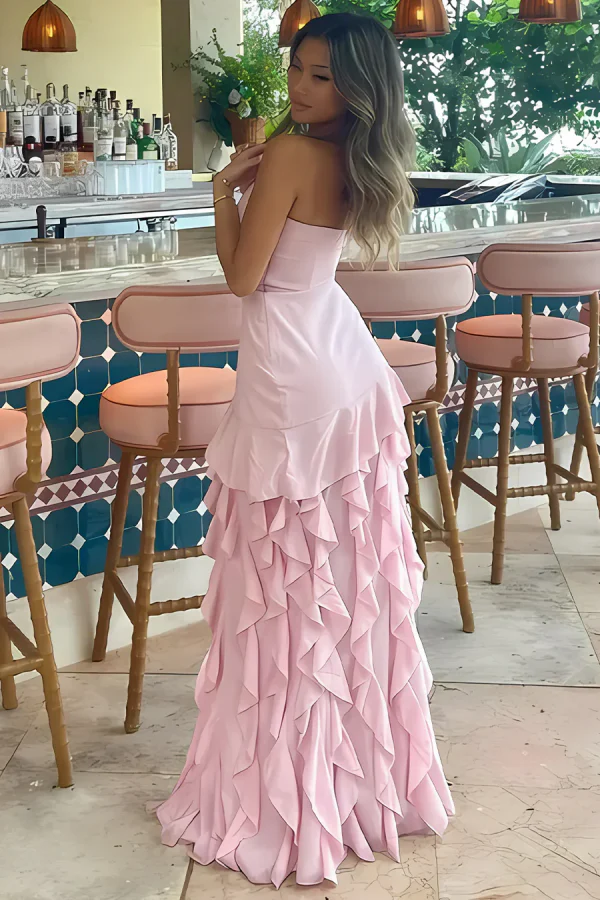 Modern Sheath Strapless Sleeveless Ruffles Tiered Back Zipper Prom Party Dress High Side Slit and Train Evening Gown Birthday Party Dress