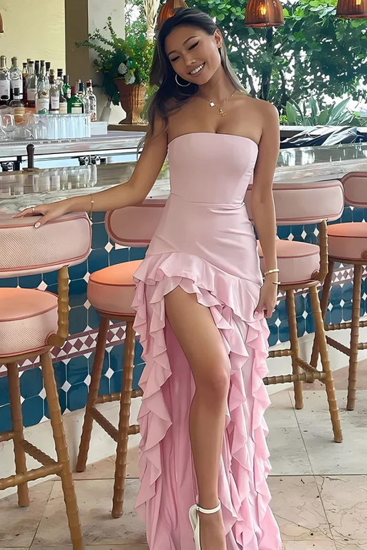Modern Sheath Strapless Sleeveless Ruffles Tiered Back Zipper Prom Party Dress High Side Slit and Train Evening Gown Birthday Party Dress