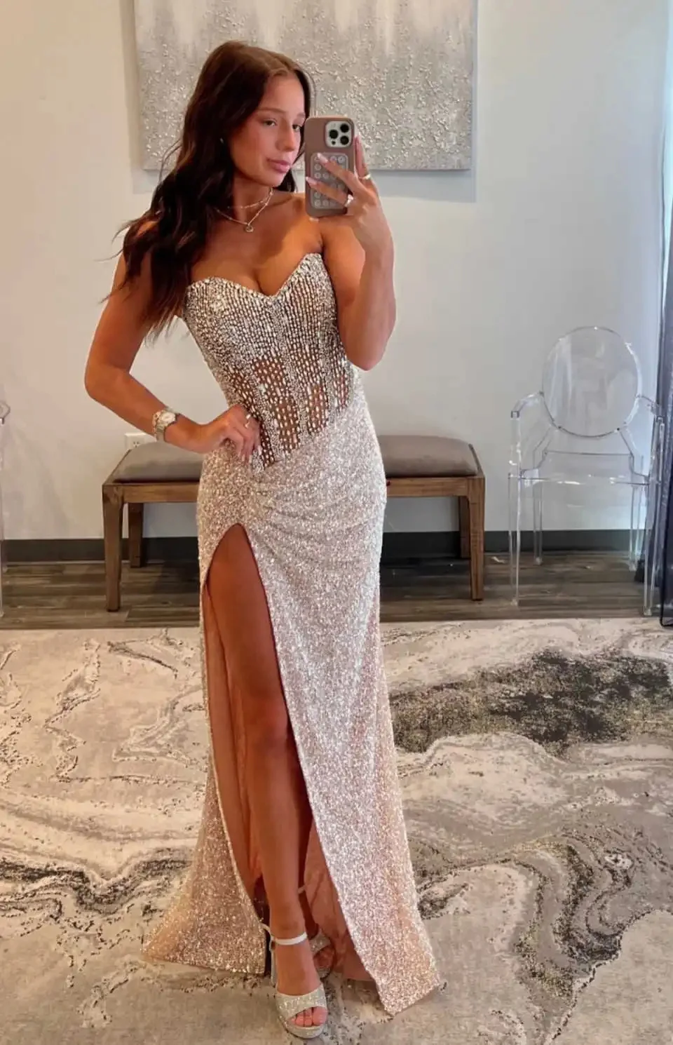 Modern Strapless Crystal Evening Dresses Customized Sexy Beaded Sequined Prom Dress Side High Slit Party Gown