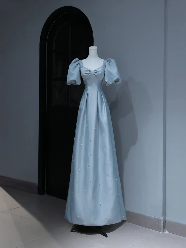 Modest Prom Dresses Aesthetic A Line Sweetheart Light Sky Blue Satin Inspiration Style Impress With Puffy Sleeves Pearls Long Party Formal Gown