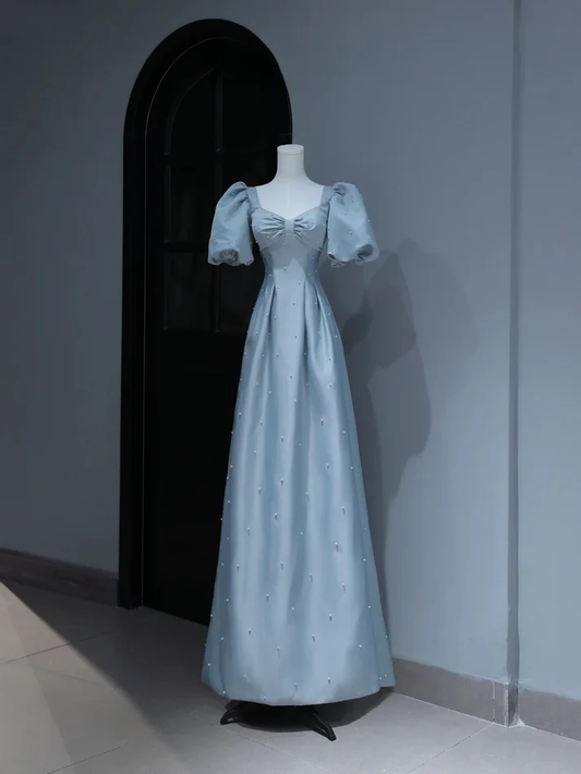Modest Prom Dresses Aesthetic A Line Sweetheart Light Sky Blue Satin Inspiration Style Impress With Puffy Sleeves Pearls Long Party Formal Gown