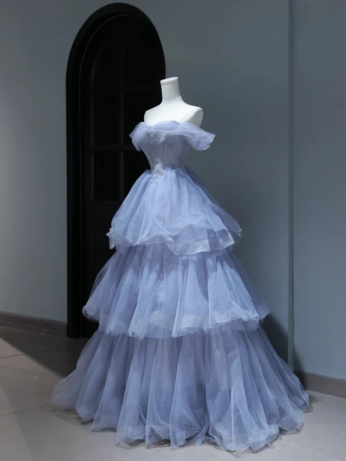 Modest Prom Dresses Aesthetic Ball Gown Off The Shoulder Lilac Tulle Inspiration Style Impress With Sleeves Beaded Long Party Formal Gown