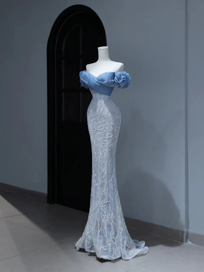 Modest Prom Dresses Aesthetic Mermaid Off The Shoulder Blue Sequins Inspiration Style Impress With Puffy Sleeves Long Party Formal Gown