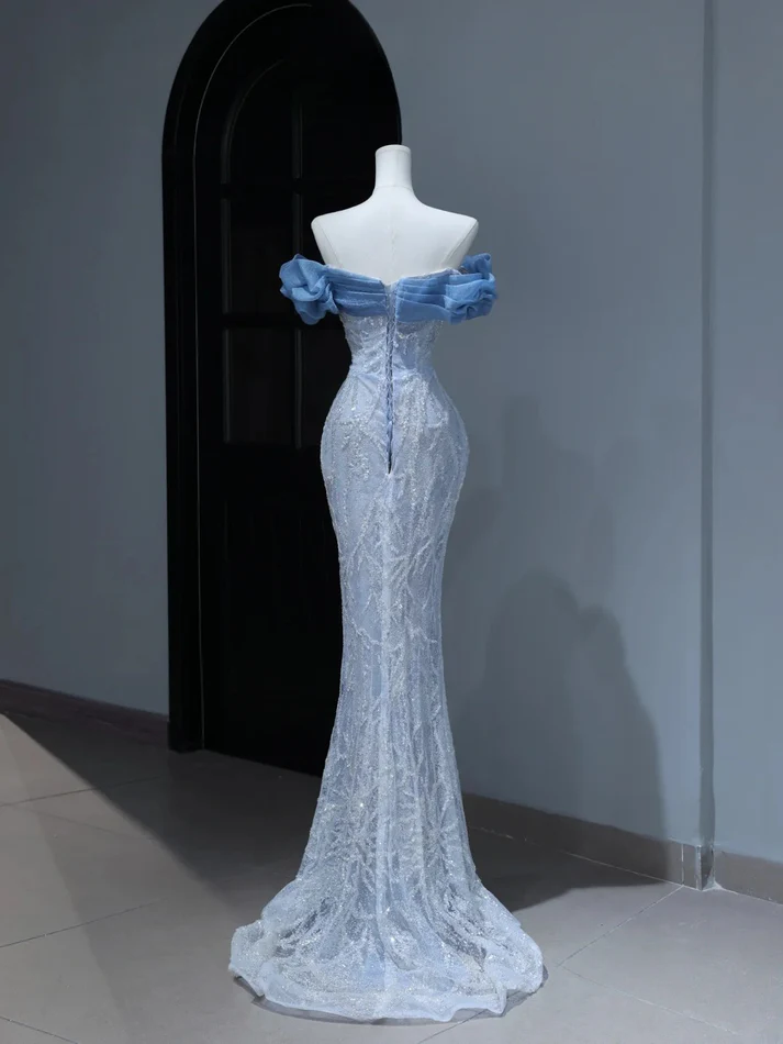 Modest Prom Dresses Aesthetic Mermaid Off The Shoulder Blue Sequins Inspiration Style Impress With Puffy Sleeves Long Party Formal Gown