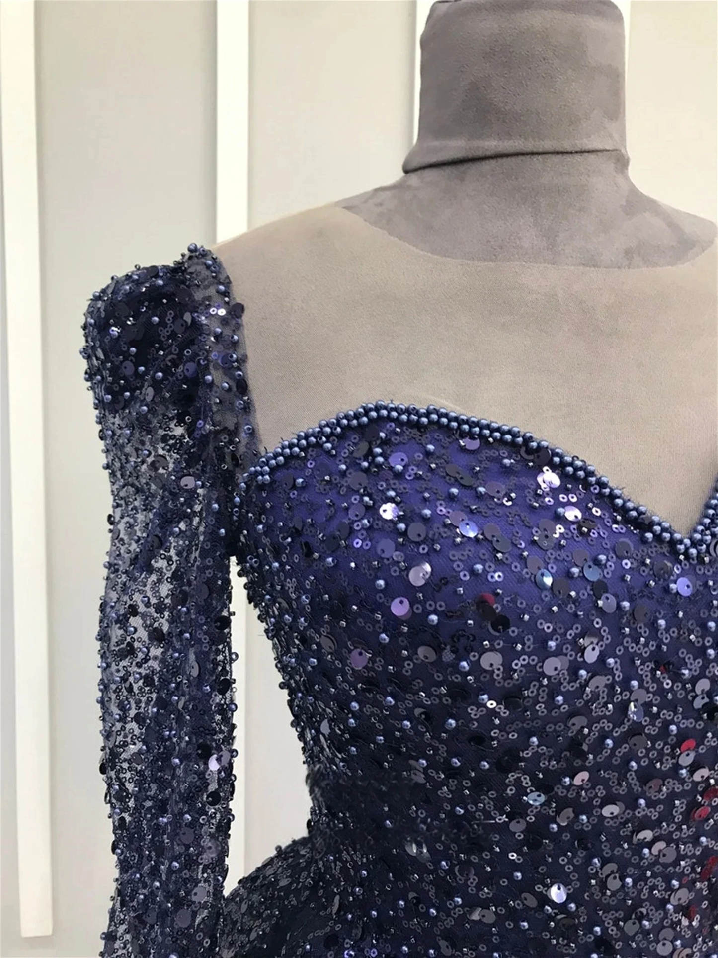 Navy Blue Long Sleeves Bespoke Occasion Gown Evening Dresses Prom Pastrol Unisex Jersey Retro Dubai Saudi Arabic Customized