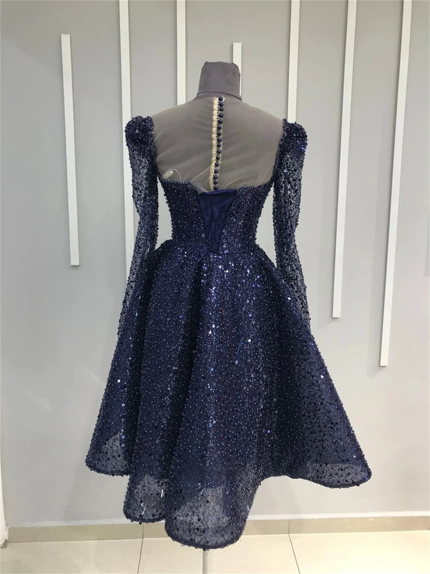 Navy Blue Long Sleeves Bespoke Occasion Gown Evening Dresses Prom Pastrol Unisex Jersey Retro Dubai Saudi Arabic Customized