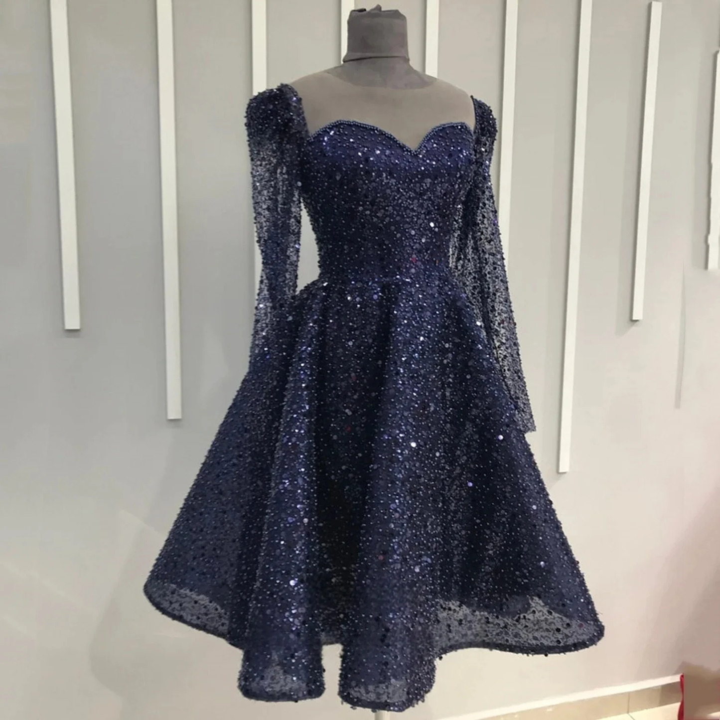 Navy Blue Long Sleeves Bespoke Occasion Gown Evening Dresses Prom Pastrol Unisex Jersey Retro Dubai Saudi Arabic Customized