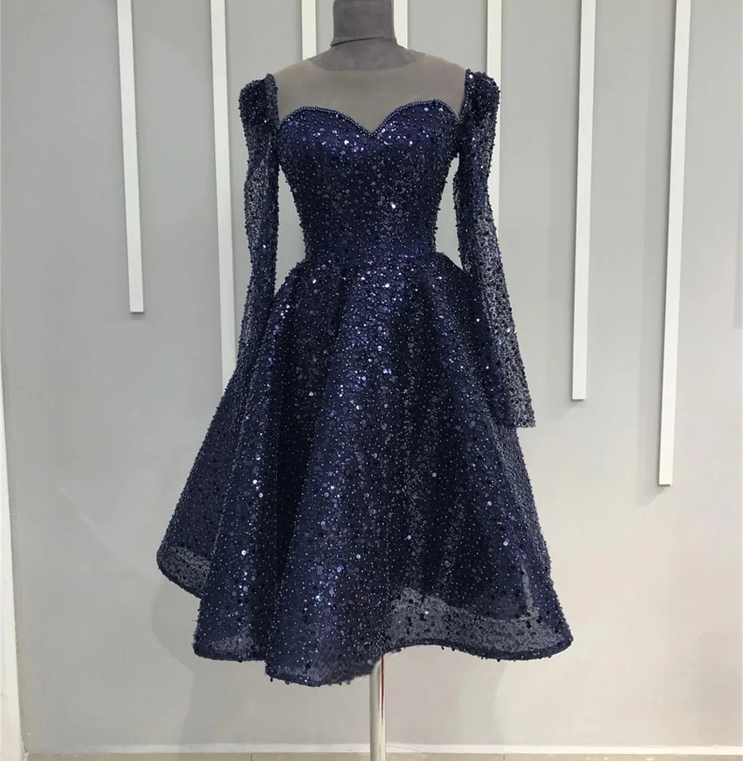 Navy Blue Long Sleeves Bespoke Occasion Gown Evening Dresses Prom Pastrol Unisex Jersey Retro Dubai Saudi Arabic Customized