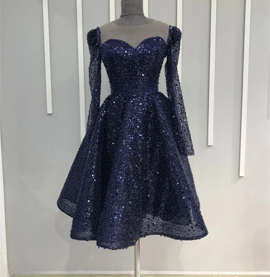 Navy Blue Long Sleeves Bespoke Occasion Gown Evening Dresses Prom Pastrol Unisex Jersey Retro Dubai Saudi Arabic Customized