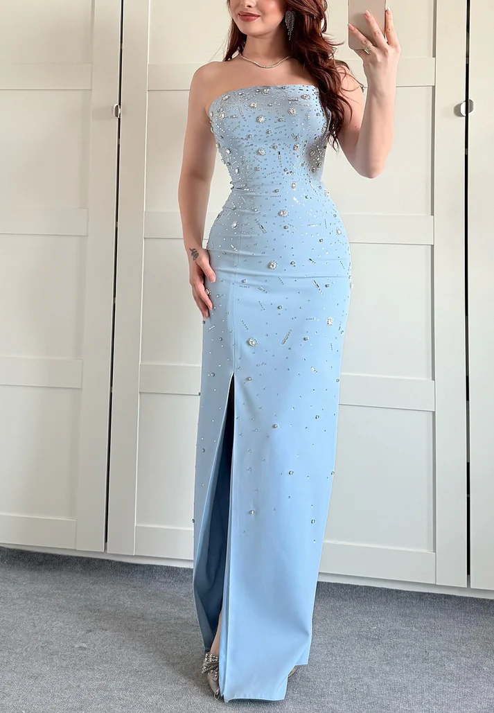 Off-Shoulder Sleeveless Beaded Side Slit Sheath Prom Dress