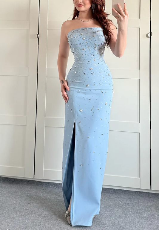 Off-Shoulder Sleeveless Beaded Side Slit Sheath Prom Dress