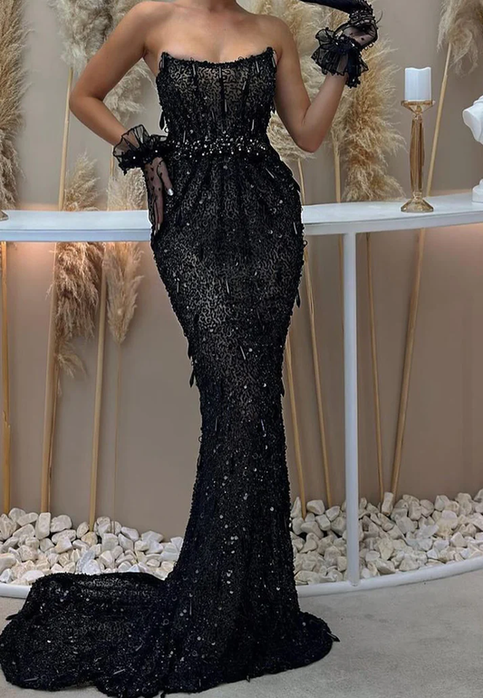 Off-Shoulder Sleeveless Beaded Sparkly Mermaid Sparkly Prom Dress