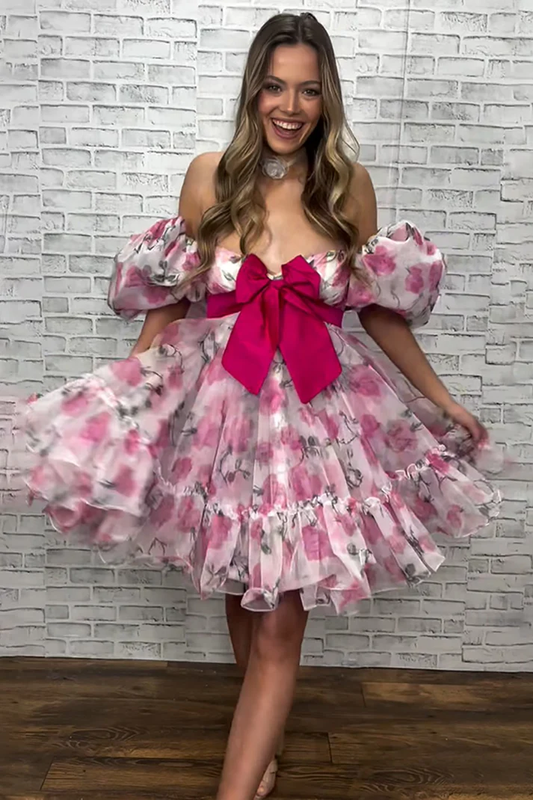 Off Shoulder A Line Homecoming Dresses Floral Print Cocktail Party Gowns