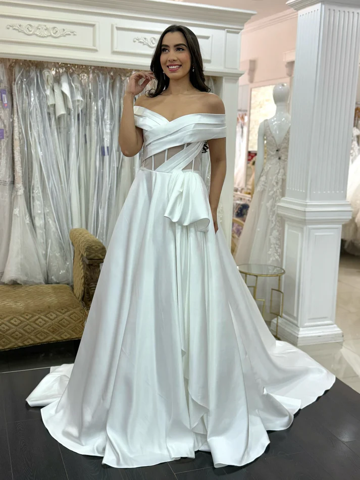 Off Shoulder A Line Simple Satin White Wedding Dresses Bridal Plus Size Wedding Gowns