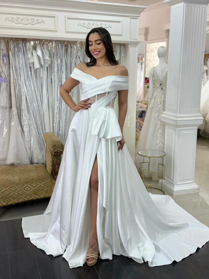 Off Shoulder A Line Simple Satin White Wedding Dresses Bridal Plus Size Wedding Gowns