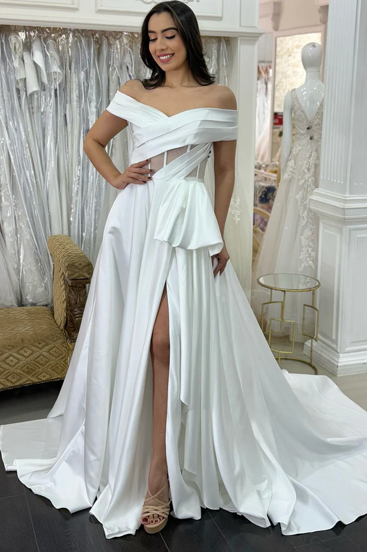 Off Shoulder A Line Simple Satin White Wedding Dresses Bridal Plus Size Wedding Gowns
