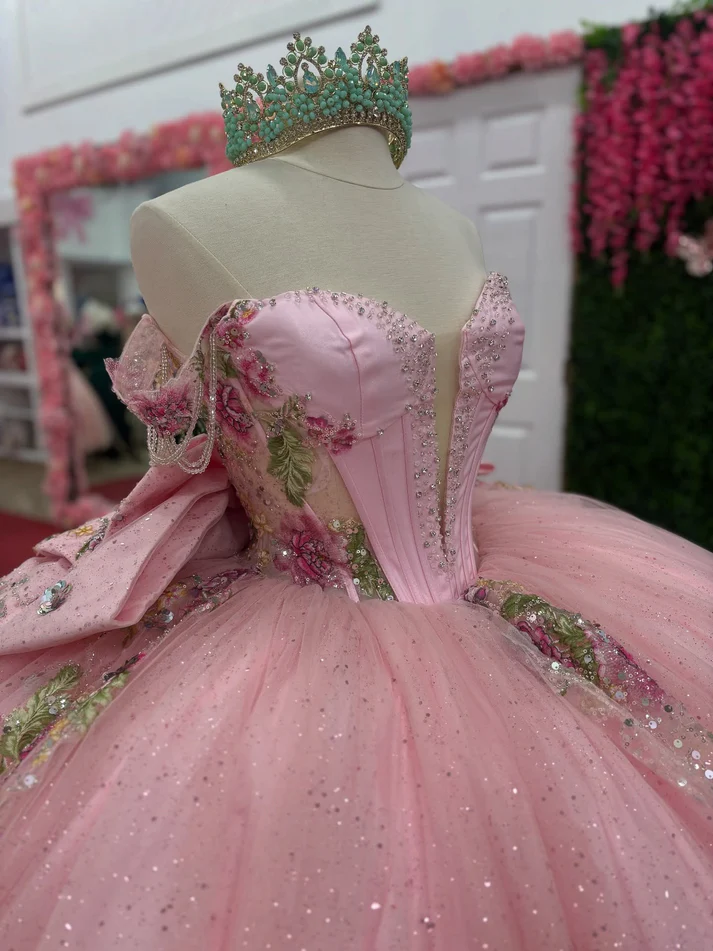 Off Shoulder Glittery Tulle Lace Beaded Pink Quinceanera Dresses for Sweet 16