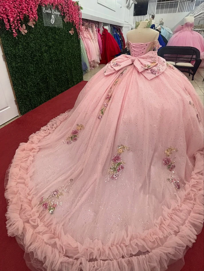 Off Shoulder Glittery Tulle Lace Beaded Pink Quinceanera Dresses for Sweet 16