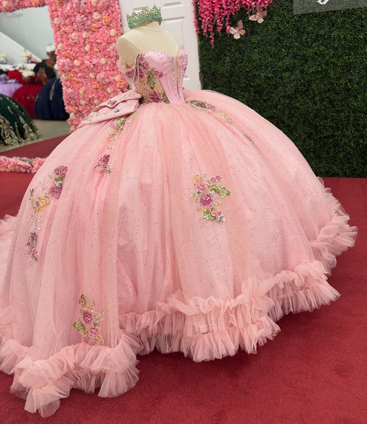 Off Shoulder Glittery Tulle Lace Beaded Pink Quinceanera Dresses for Sweet 16