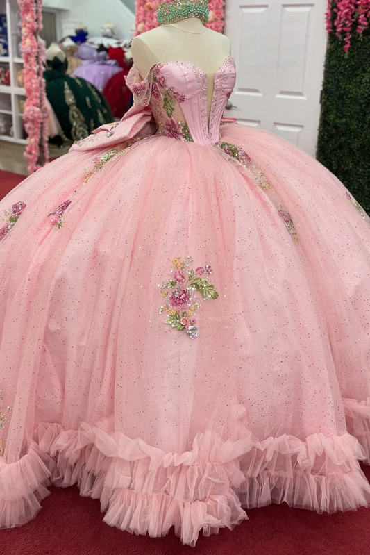 Off Shoulder Glittery Tulle Lace Beaded Pink Quinceanera Dresses for Sweet 16