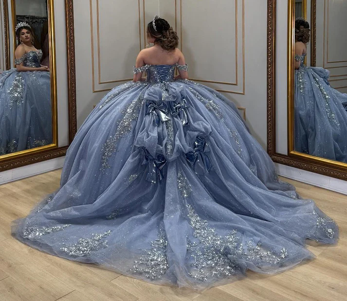 Off Shoulder Glittery Tulle Lace Beaded Quinceanera Dresses for Sweet 16