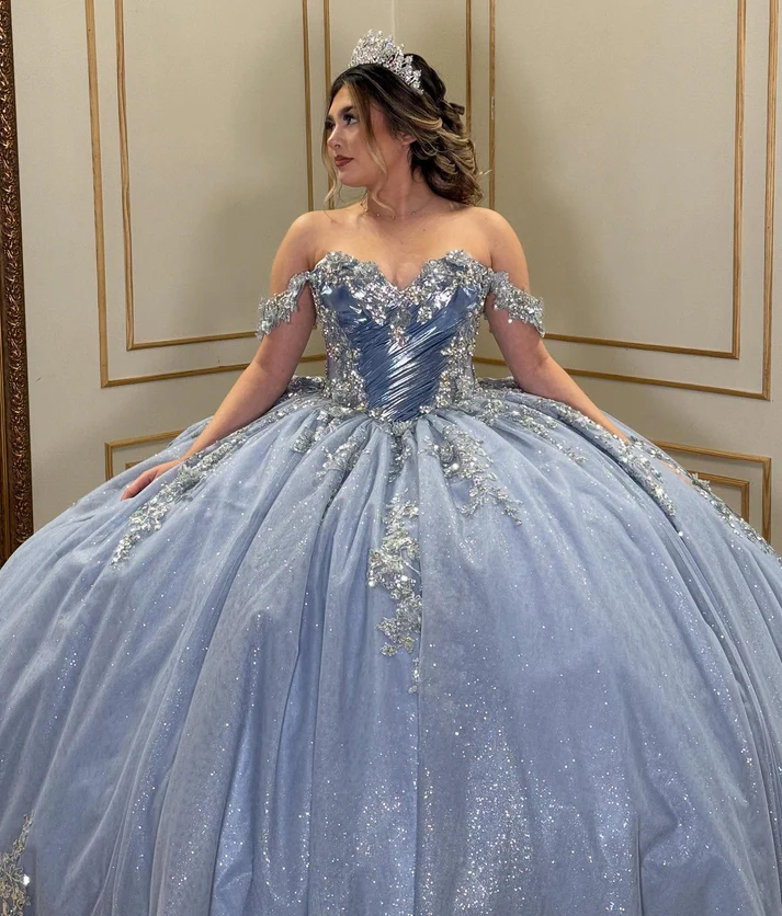 Off Shoulder Glittery Tulle Lace Beaded Quinceanera Dresses for Sweet 16